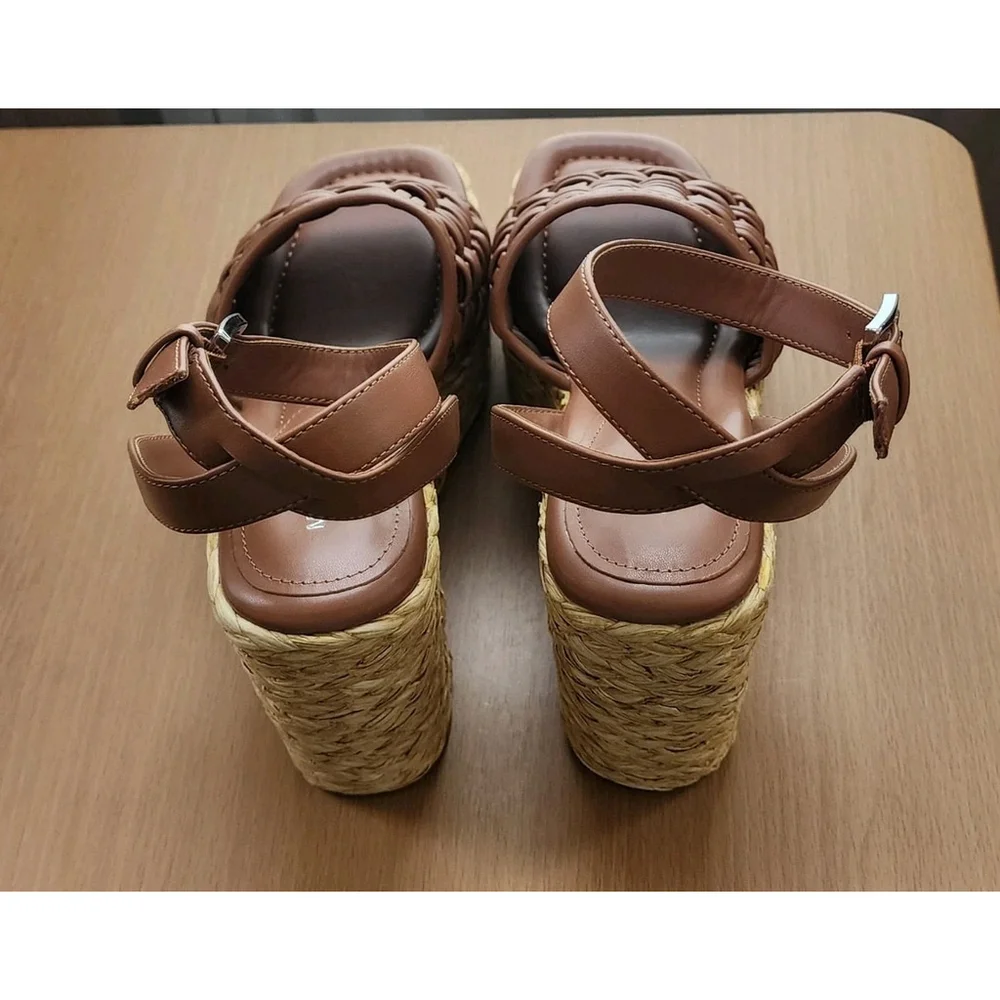 Marc Fisher Women Braided Raffia Chunky Platform Sandals 10 M Cognac Brown